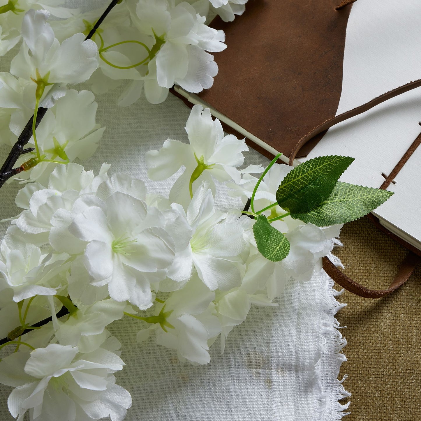 Large White Full Faux Cherry Blossom Stem