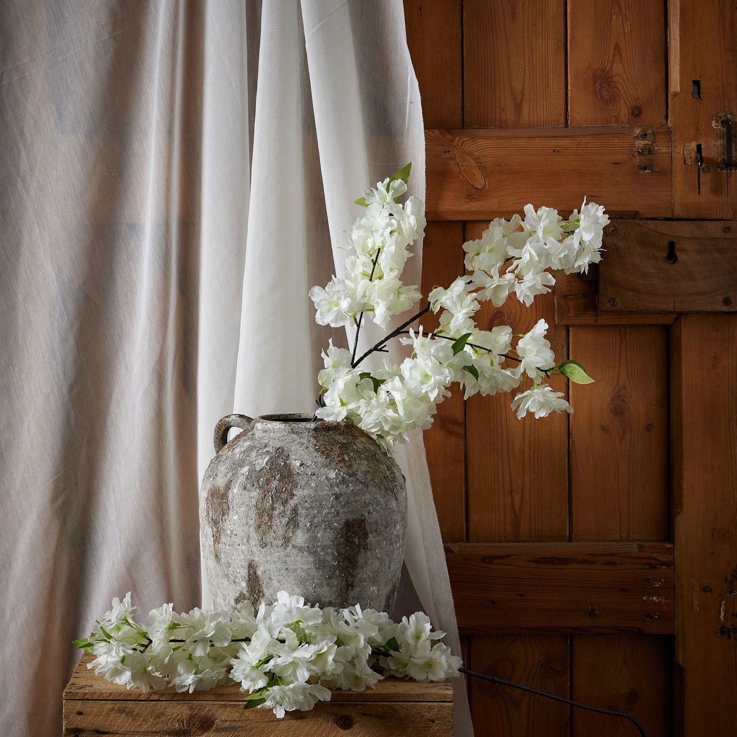 Large White Full Faux Cherry Blossom Stem