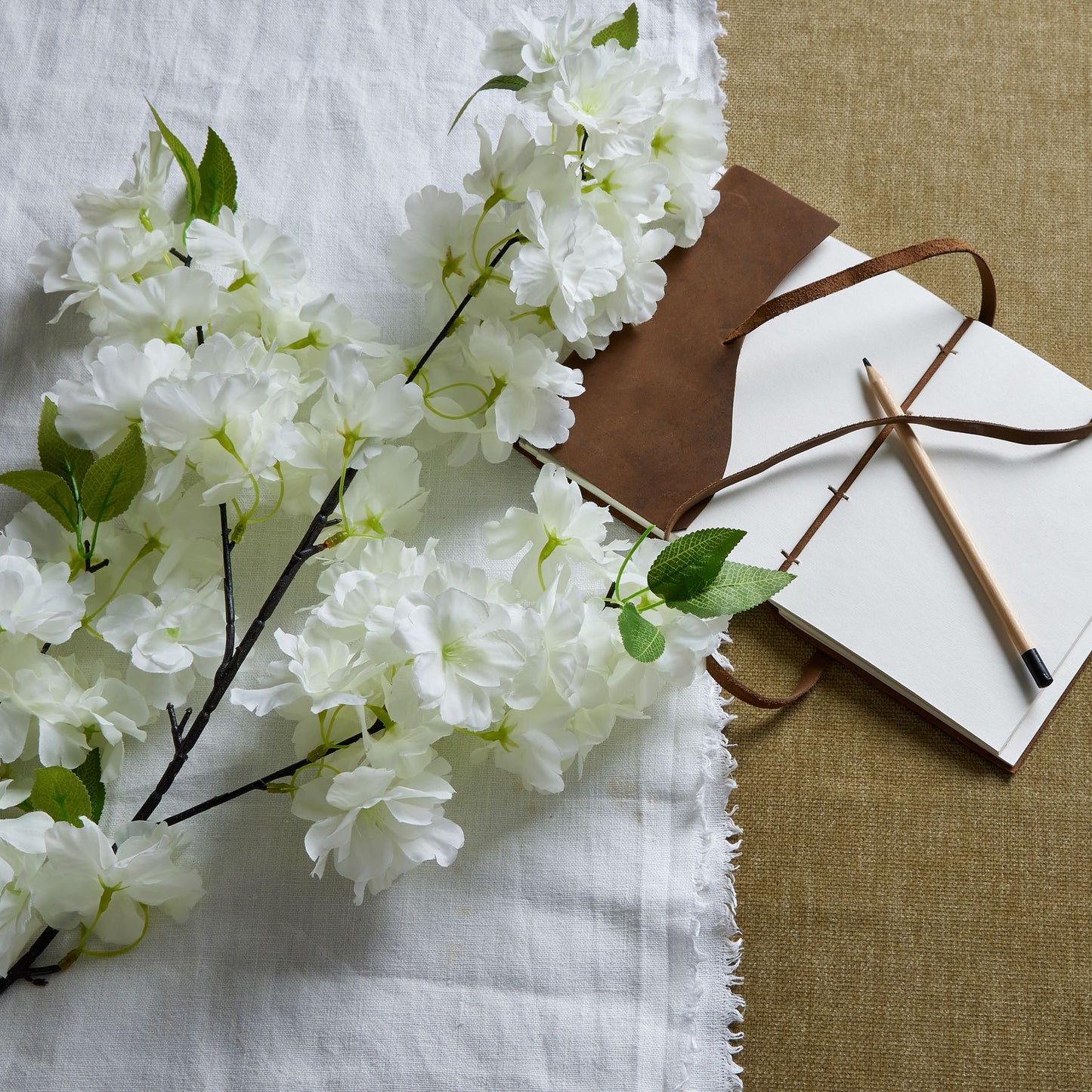 Large White Full Faux Cherry Blossom Stem