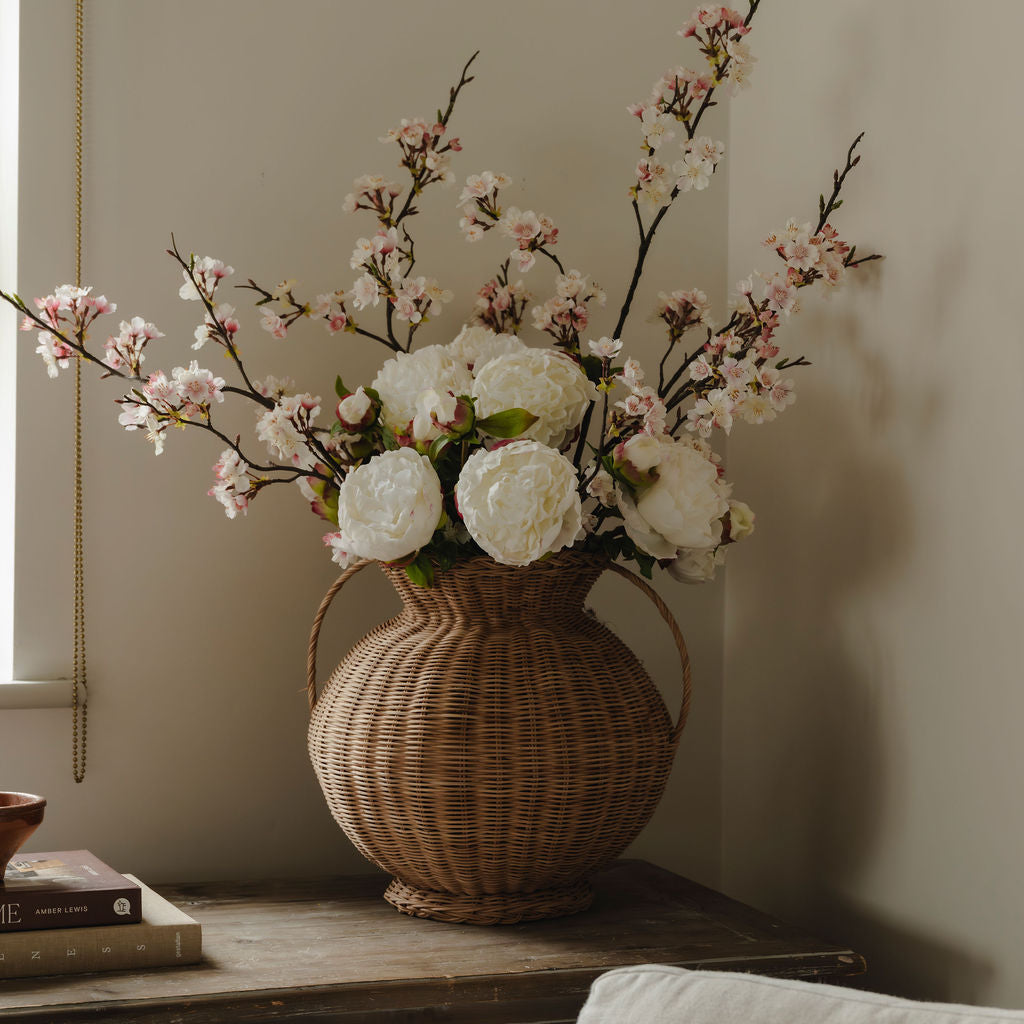 White Real Feel Open Peony with Bud and Leaves